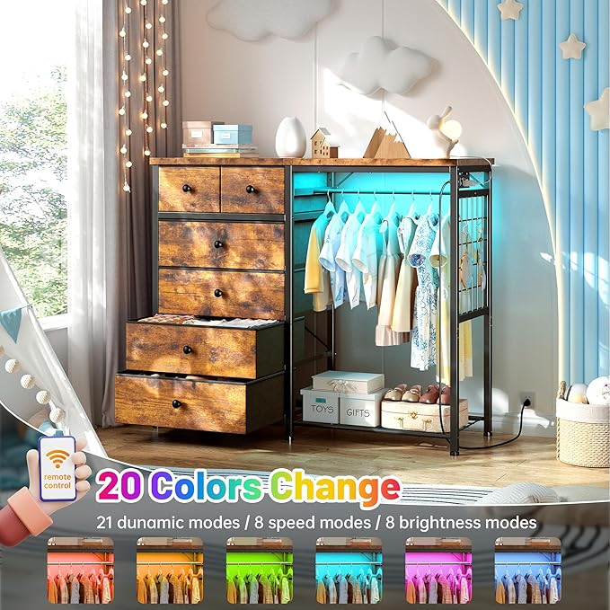 EnHomee 49.2" W Dresser with Hanging Rack & 6 Fabric Drawers – Wooden Top Organize Unit Featuring LED Lights, Charging Station & Grid Panel & Hooks for Bedroom, Rustic Brown