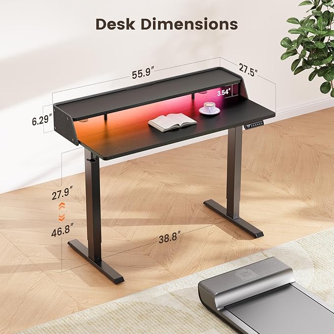ErGear Standing Desk with LED Strip, 55″ x 28″ Electric Height Adjustable RGB Gaming Table with Shelf, Sit Stand Desk with Dual Cable Holes, C-Clamp Mount Compatible, 4 Preset Heights, Black