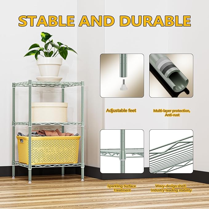 M MZG 750 lbs 3-Shelf Storage Shelves Wire Shelving Unit Standing Metal Rack for Small Places Narrow Wire Rack for Bathroom, Green 13.8 D x 13.8" W x 25.5" H