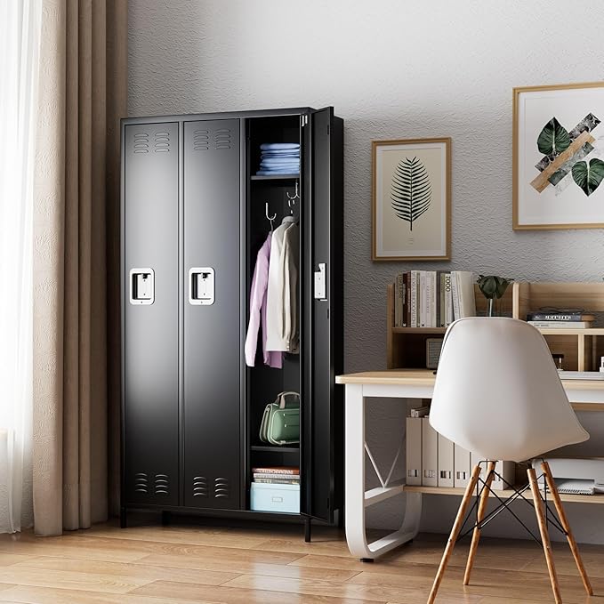 SUPEER 3 Doors Metal Lockers for Employees with Lock, Metal Locker with 9 Hooks for School Garage Office Gym Home,Assembly Required,Black