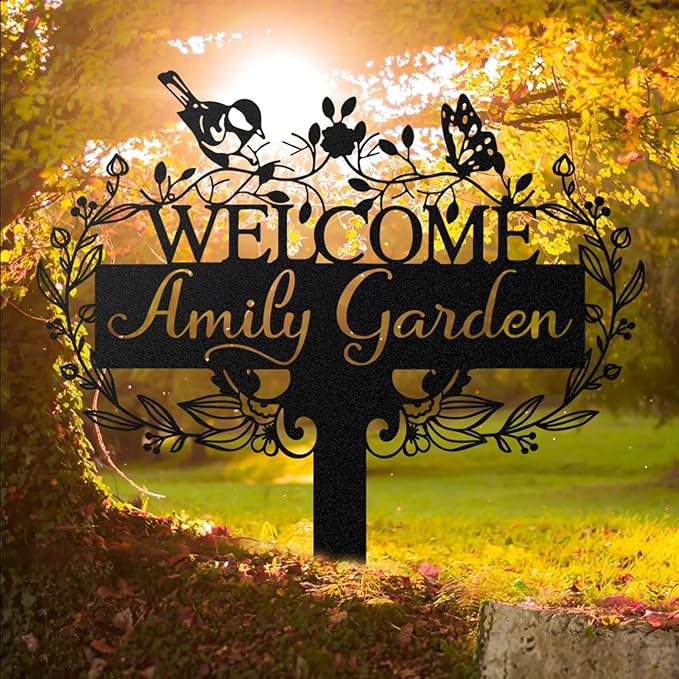 Custom Metal Garden Sign | Customized Butterfly Bird Garden Name Sign | Personalized Garden Signs | Metal Yard Sign Stakes | Personalized Metal Signs for Outdoors | Metal Signs Customized