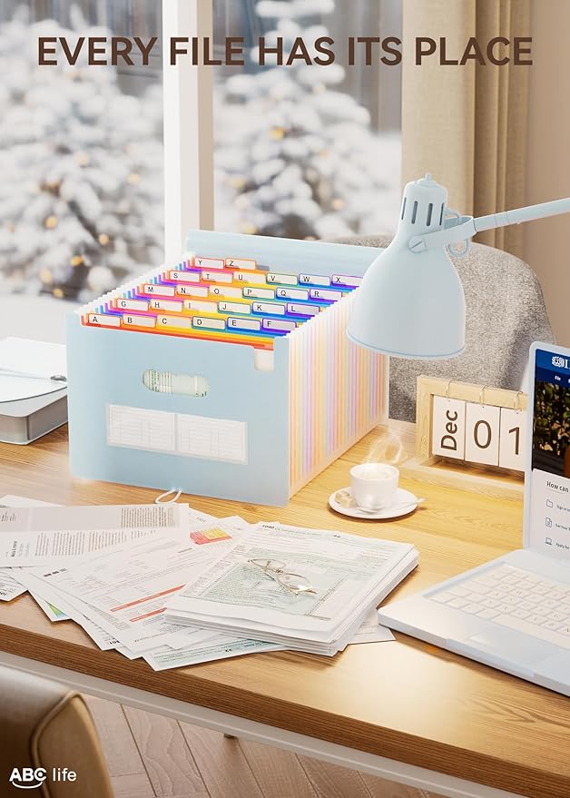 ABC life 26-Pocket Accordion File Organizer, Expanding File Folder, Letter/A4 Size Plastic Monthly Bill & Tax Receipt Holder with A-Z Tabs for Home, Office, Classroom - Light Blue
