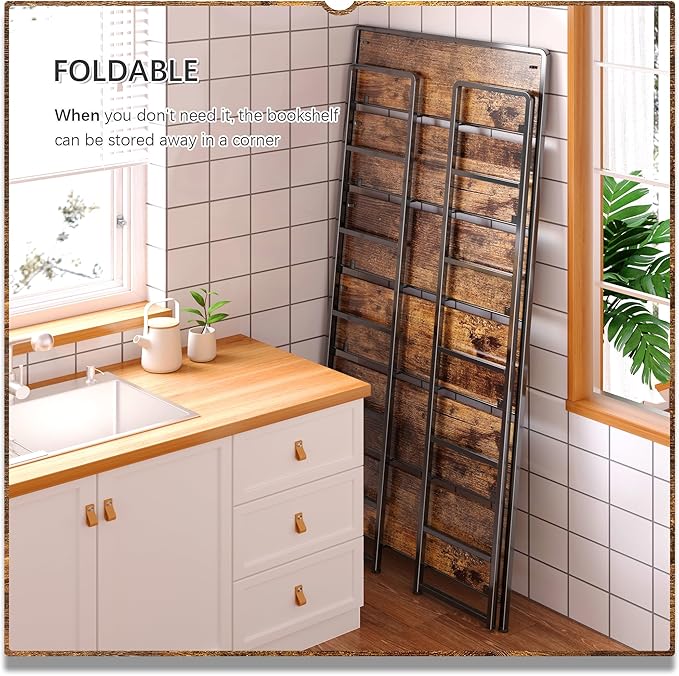 4NM No Assembly Extra Wide 6 Tiers Folding Bookshelf Storage Shelves Vintage Bookcase Standing Racks Study Organizer Home Office (Rustic Brown Black)