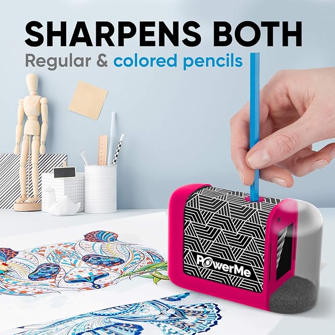 POWERME Electric Pencil Sharpener - Pencil Sharpener Battery Powered for Kids, School, Home, Office, Classroom, Artists – Battery Operated Pencil Sharpener For Colored Pencils, Ideal For No. 2 (Pink)