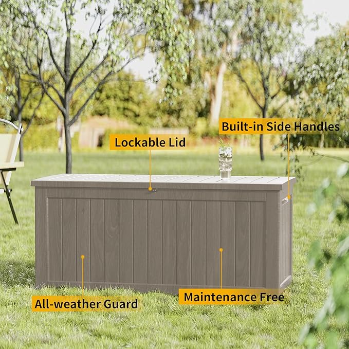 Decksplore 270 Gallon Outdoor Storage Box Waterproof Lockable Resin Deck Box Large, Patio Storage Bin for Pool Accessories Cushion Furniture, Garden Tools, UV-Resistant Outside Delivery Grey