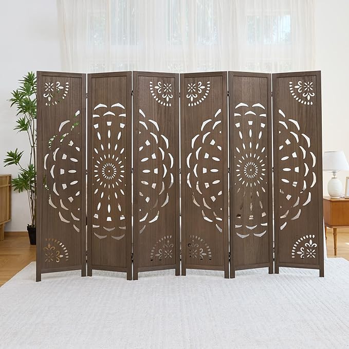 66.9Inch Wooden Room Partition - 6 Panels Boho-Styled Space Room Divider for Home/Office, Headboard & Yoga/Photo/Video Call Backdrop (Brown)