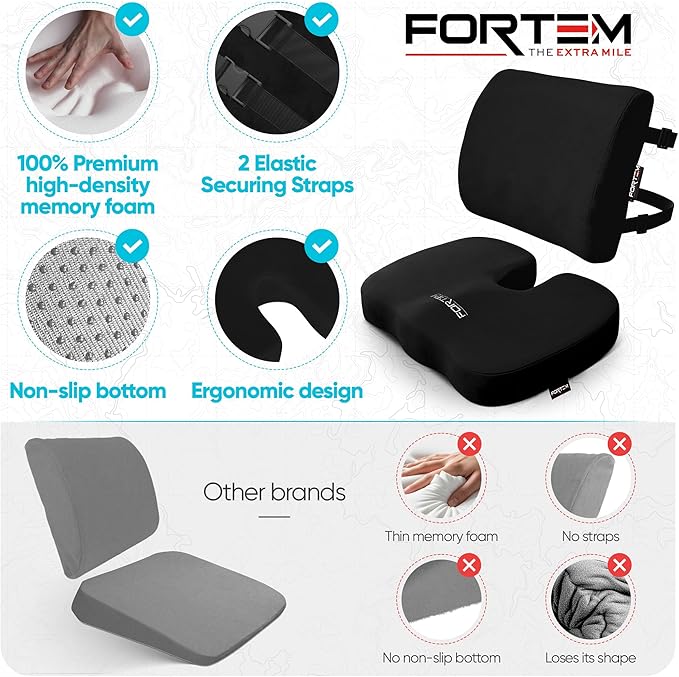FORTEM Seat Cushion, Office Chair Cushion, Lumbar Support Pillow for Office Chair, Memory Foam Sciatica Coccyx Tailbone Pressure Pain Relief, Car Sitting Pad, Washable Non Slip, XL