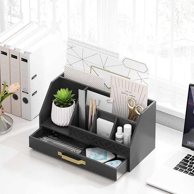 Wisuce Bamboo Mail Organizer Countertop with Drawers, Wooden Desk Organizer File Bill Sorter Storage Box for Desktop Letter Envelope Countertop Holder for Office Home School Organization