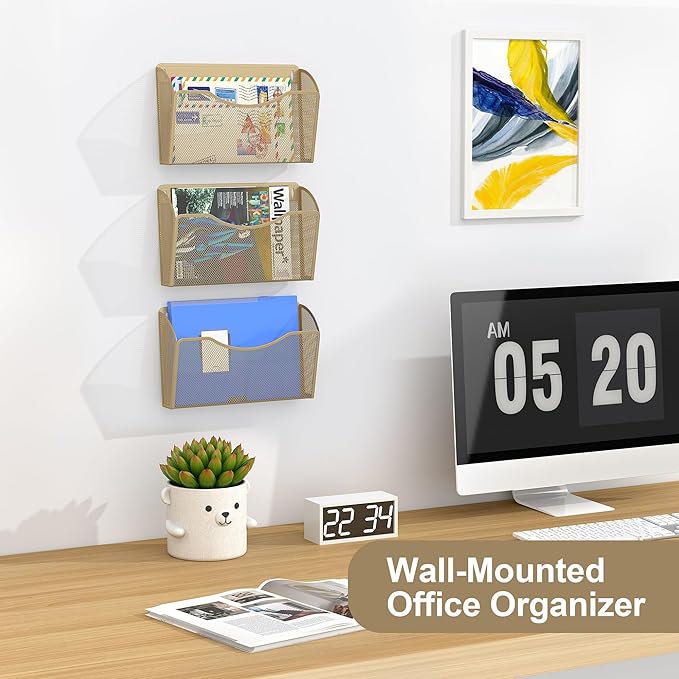 EasyPAG Single Pocket Wall File Organizer, Mesh Hanging File Folder Organizer for Letter/A4 Size Folders, Wall Mounted Vertical Mail Holder for Paperwork, Office, Home, School, Gold