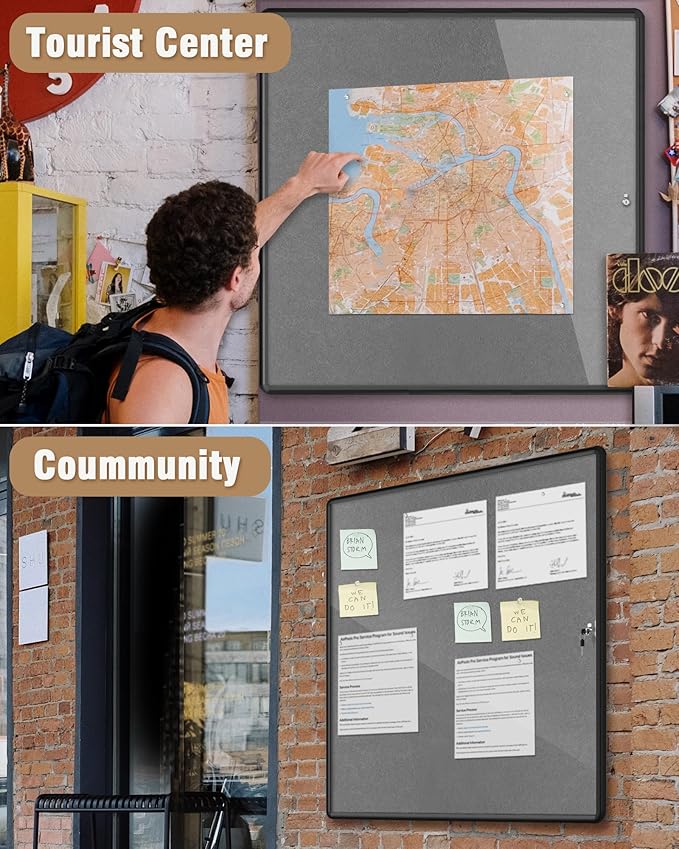 Mifuro 38"x38" Enclosed Bulletin Board, Lockable Weather-Resistant Aluminum Cork Noticeboard for School & Office, Black Frame w/Grey Flet