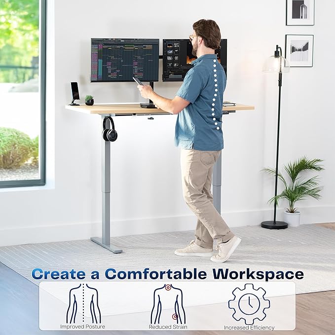 VIVO Electric 60 x 24 in Standing Desk, Memory Height Adjustment, 1B Series, Holds 220 lbs, One-Piece Light Wood Top, Gray Frame, DESK-KIT-1G6C