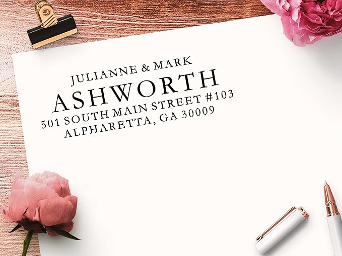 PrettySweetParty Self Inking Return Address Stamp - Custom 4 Line Personalized Address Stamp for Envelopes, Wedding Invitations, Business, Mailing Labels, Black Ink (All Serif)