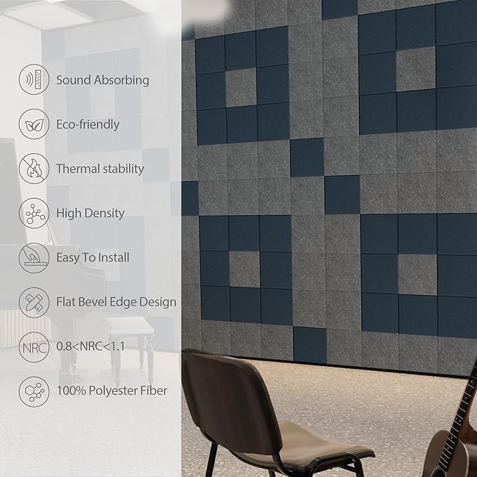 Amantech 12 Pack Acoustic Panels Self Adhesive Sound Proof Foam, High Density Sound Acoustic Panel, 12X12X0.4 Inch Square Panels in Home, Office, Reccording Room, Studio,and more(Moonlight Grey)