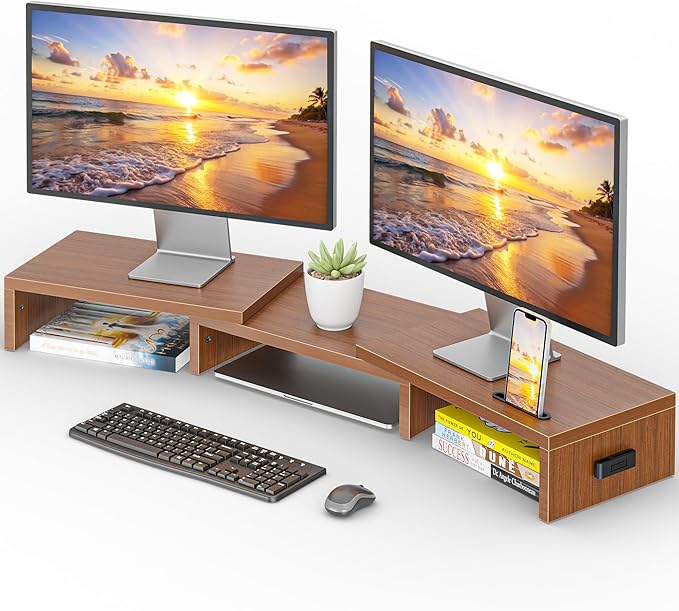 BONTEC Dual Monitor Stand Riser with Smartphone Holder, Adjustable Length & Swivel Angle, Ergonomic Wooden Desktop Organizer for PC Monitor, Laptop, Printer, Large Storage, Walnut