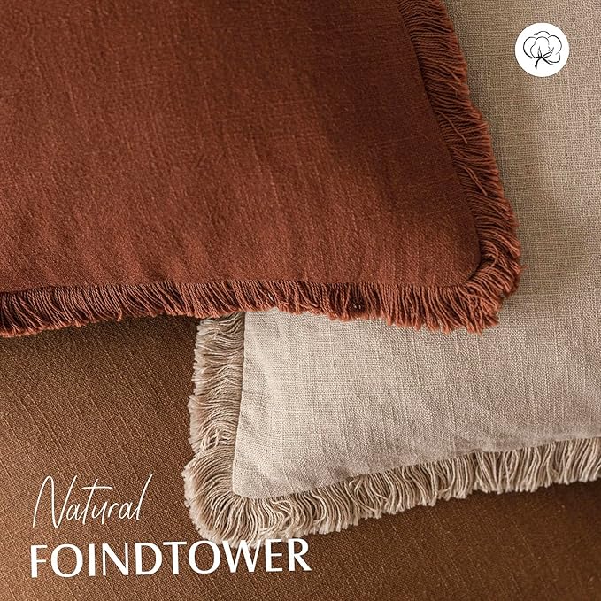 Foindtower Set of 2 Decorative Linen Fringe Lumbar Throw Pillow Covers Farmhouse Cushion Cover with Tassels Soft Accent Pillowcase for Couch Sofa Bed Living Room Home Decor,12×20 Inch,Orange Brown
