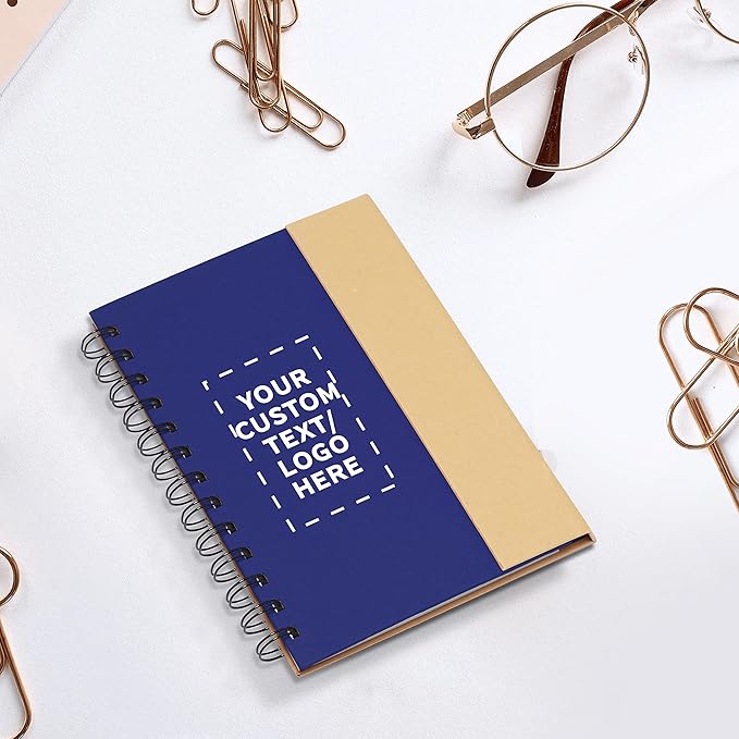 DISCOUNT PROMOS Custom Eco Friendly Spiral Notebooks with Pens Set of 100, Personalized Bulk Pack - Perfect for School, Office, Home - Blue