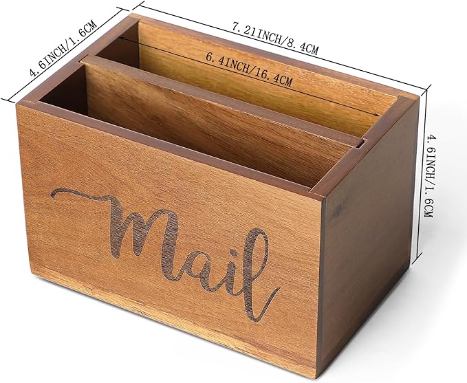 LBEMEY Mail Holder Storage Organizer Box,Acacia Wood Mail Organizer Countertop,Desktop Letters, Bills, Notes and Postcard Bin for Home Office Dorm Room