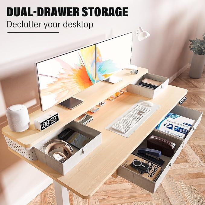 Kingant 55 x 24 Inch Electric Standing Desk with 4 Drawers, Height Adjustable Sit to Stand Computer Desk with Storage Shelf and C-Clamp Mount Compatibility for Home Office, Nature