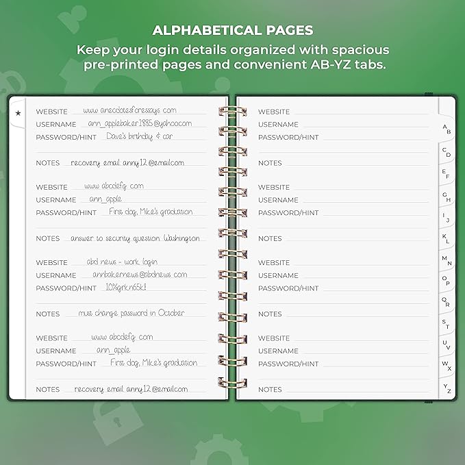 Clever Fox Password Book Spiral – Internet Address & Password Organizer with Laminated Alphabetical Tabs – Password Keeper Journal – Hardcover, Medium Size, 6.1x7.7” (Dark Green)