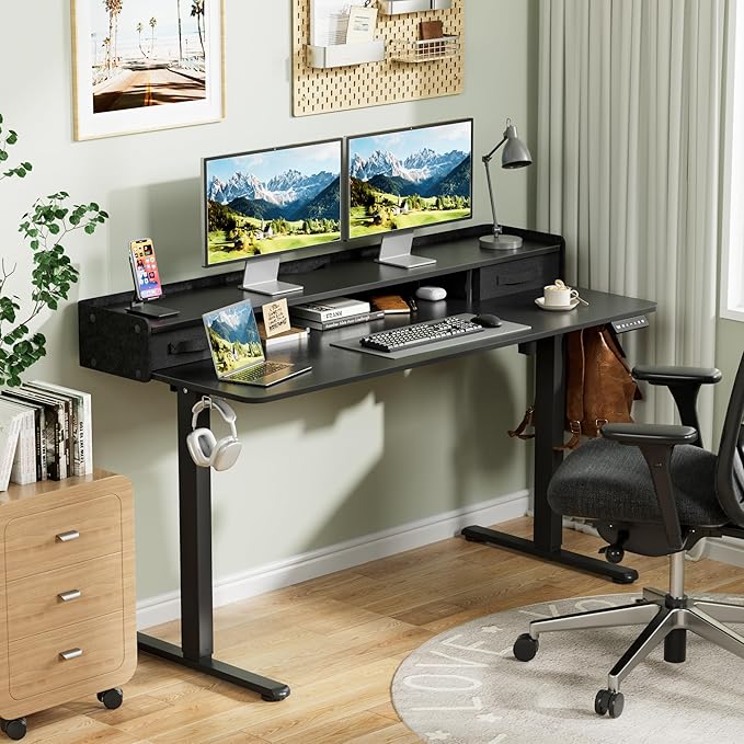 Homall Electric Standing Desk with 2 Drawers, Adjustable Height Computer Desk with Monitor Shelf Sit Stand Table with Splice Board Quick Install for Home Office (Black, 55 Inch)