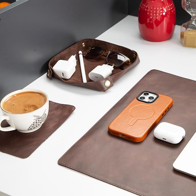 Node Leather - Genuine Leather Desk Mat (32" x 16"), Desk Organizer & Cup Coaster - Leather Office Set - Premium Handmade Office Accessories for Elegant Workspace - Dark Brown