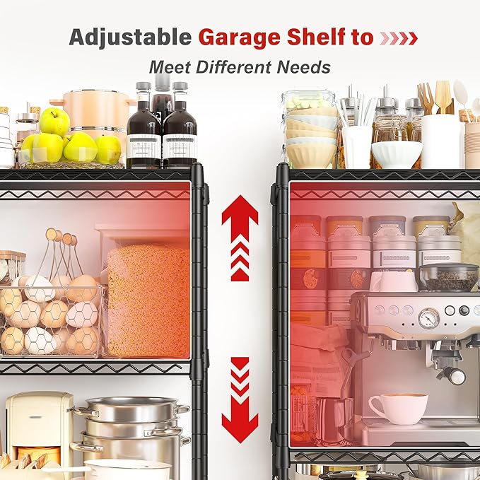 REIBII 5 Tier Storage Shelves Adjustable Wire Rack Shelving, Kitchen Shelves 13.4" D x 23.2" W x 60" H Strong Metal Shelves for Restaurant Garage Pantry，Black