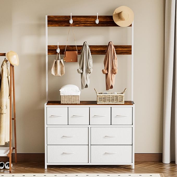 YKVIQBY 8 Drawer Dresser with 6 Double Hooks, 68.9" Tall Closet Organizer and Storage, Fabric Dresser for Bedroom, Nursery, Closet, Space-Saving Freestanding Storage Cabinet (White)