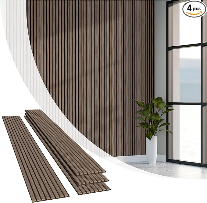 Olanglab Wood Slat Wall Panels, Wooden Acoustic Wall Panels, 94.5"x12.6" Each 3D Wall Panels for Interior Wall Decor, 4 Pack in Total 94.5"x50.4" (Dark Walnut)