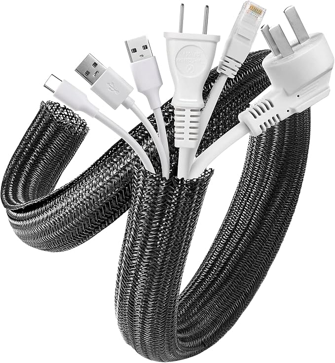 AGPTEK Cable Sleeve Cover, 2 Pack 5ft - 1.2 inch Desk Cord Organizer Cable Hider, Home Office Wire Management Computer TV Wire Loom Tubing, Pet Proof Cord Protector, from Cat Dog Chewing, Black