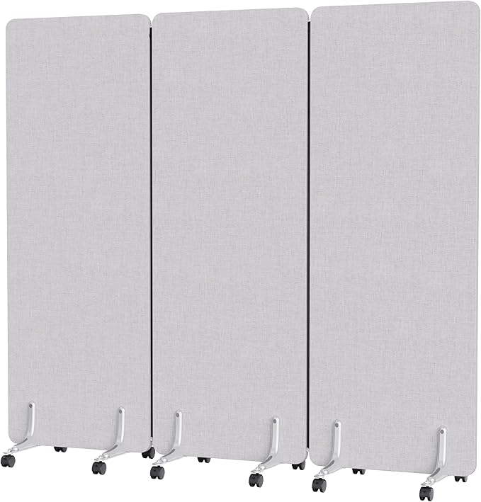 MORDEER 70.8" W x 63" H Freestanding Partition Room Dividers, Acoustic Panels with Wheels, 3 Soundproof Privacy Panels for Office, Reception Room, School, Hospital, Light Grey