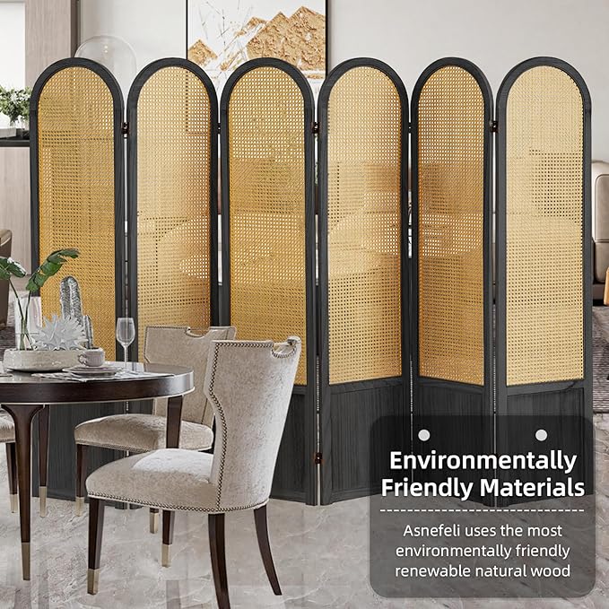 Asnefeli Room Divider 4 Panels, Folding Privacy Screen, Foldable Wood Rattan Room Divider Panel, Portable Partition Screen, Wall Divider for Room Separation Bedroom Home Office Garden Terrace (Black)