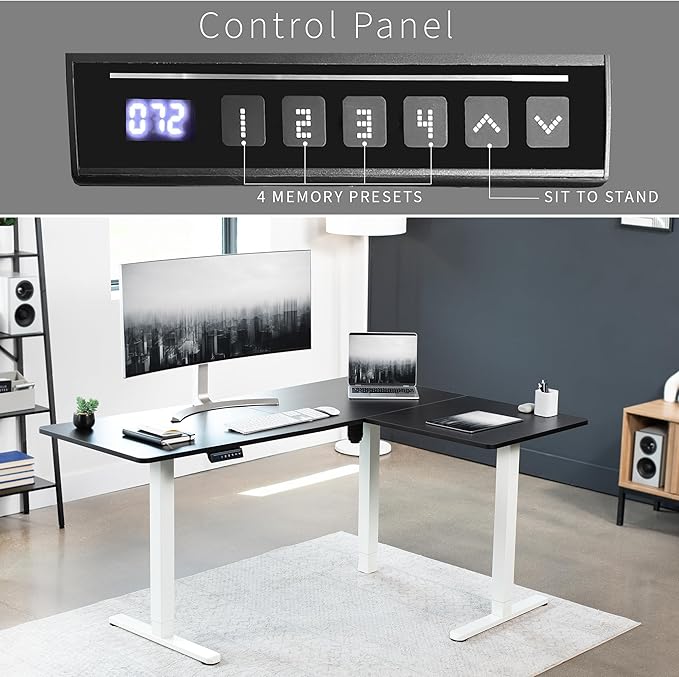 VIVO Electric Corner 63 x 47 inch L-Shaped Standing Desk, Memory Height Adjustment, Black Top White Frame, DESK-E3CTWB-47