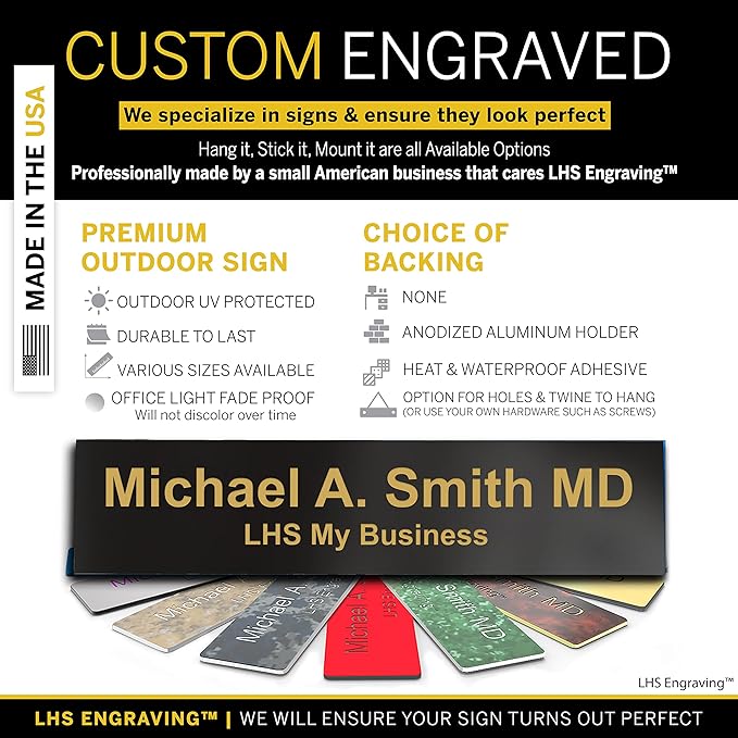 Custom Name Plate with Choice of Mounting for Walls, Doors, Cubicles, Hanging and More - Personalized Gloss Black Plastic Gold Letters - USA Made 2x10 - B3