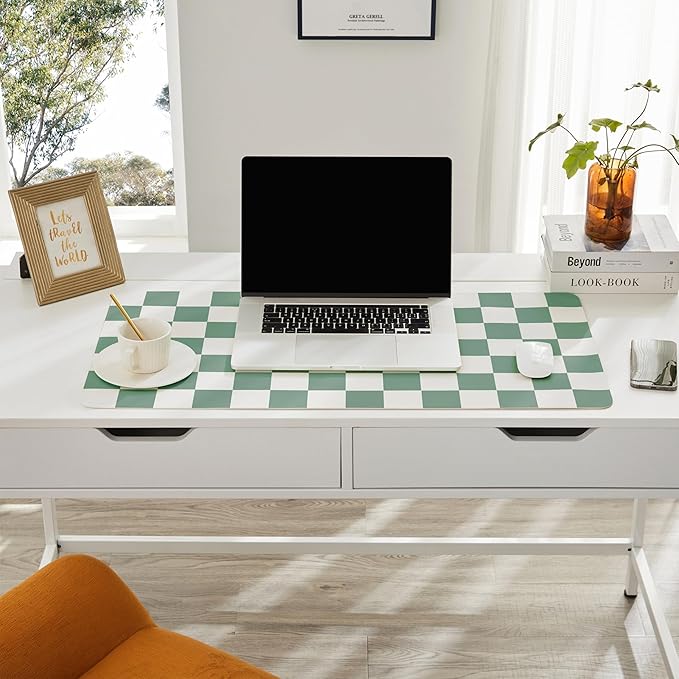Ohocut Checkered Desk Mat, Large Cute Aesthetic Retro PU Leather Computer Laptop Desk Mat, Non-Slip Waterproof Mouse Keyboard Pad, Desk Writing Mat for Work/Home (Sage, 23.6" x 13.7")