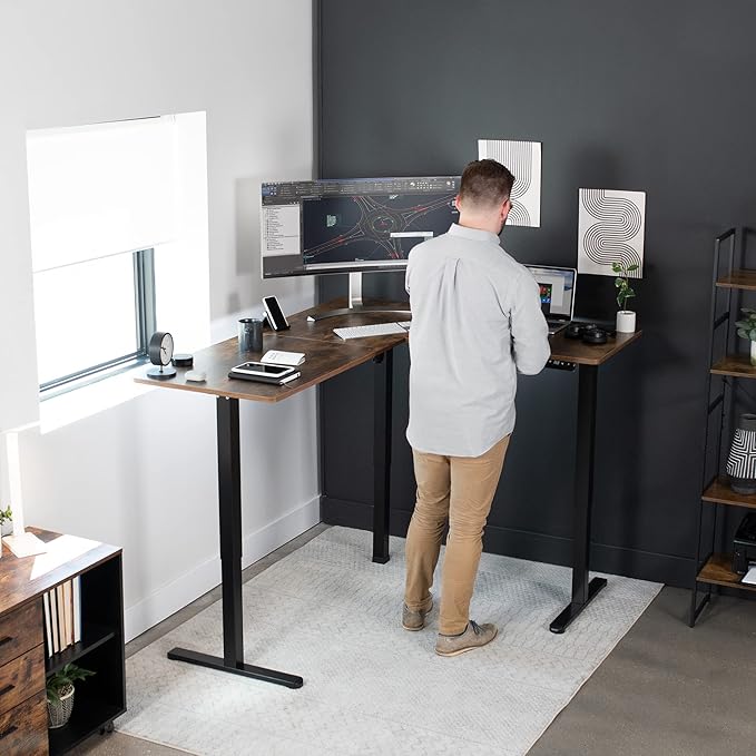 VIVO Electric Corner 63 x 55 inch L-Shaped Standing Desk, Memory Height Adjustment, Rustic Vintage Brown Top Black Frame, DESK-E3CTN