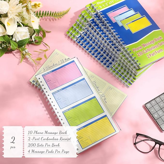 Sinmoe 2 Pcs Spiral Bound Phone Message Book with Carbon Copy 5-1/2" x 11" 2 Part Colorful Carbonless Telephone Message Pads Duplicate Spiral Phone Call Log Book for Business Office