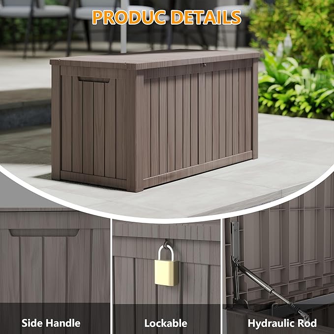 Yardgrace 150 Gallon Outdoor Storage Box Waterproof, Resin Deck Boxes with Lockable Lid & UV-Resistant for Patio, Pool, Garden Furniture Cushions & Accessories, Coffee