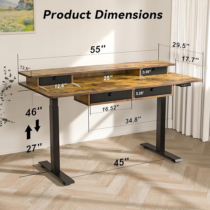 FiCiHi Adjustable Height Standing Desk with 4 Drawers,55 x 30 inches Electric Sit Stand Home Office Desk with Two Tiers, 3 Memory Presets, Monitor Stand Riser, USB A/C Charging Port