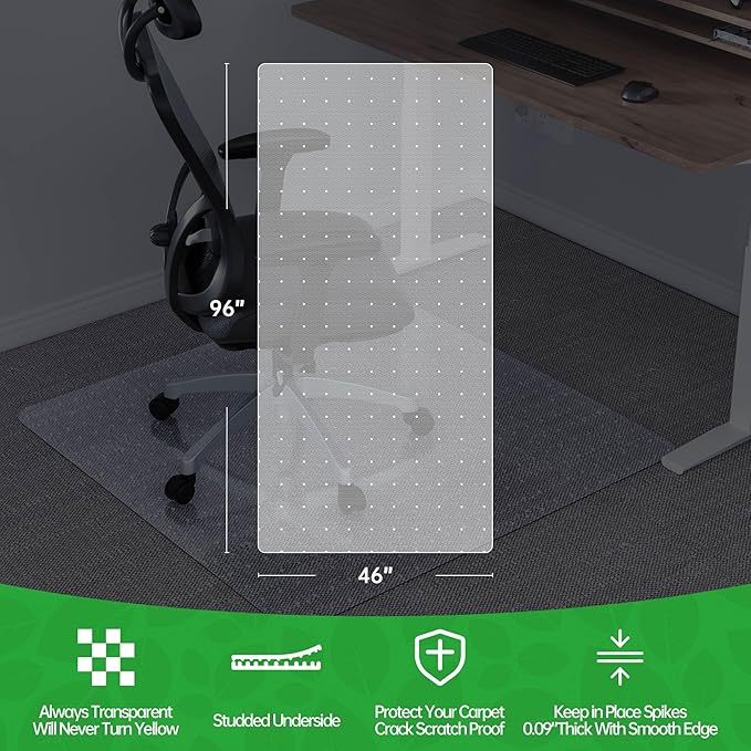 Office Chair Mat for Carpet - Clear Thick Desk Chair Mat for Carpet Plastic Floor Mats for Rolling Work and Gaming Chairs with Studs for Low Pile, Flat and No Carpeted Floors
