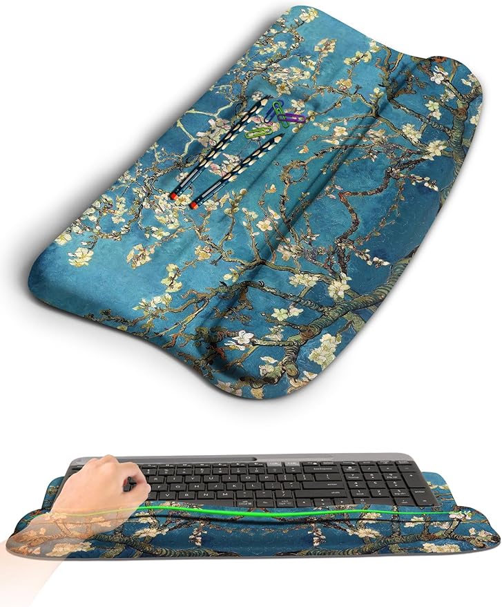 KUOSGM Ergonomic Wave Wrist Rest with Keyboard Stand, Cushioned Palm Rest, Comfortable Integrated Memory Foam for Natural Typing and Relieve Wrist Pain, Van Gogh Apricot Blossom