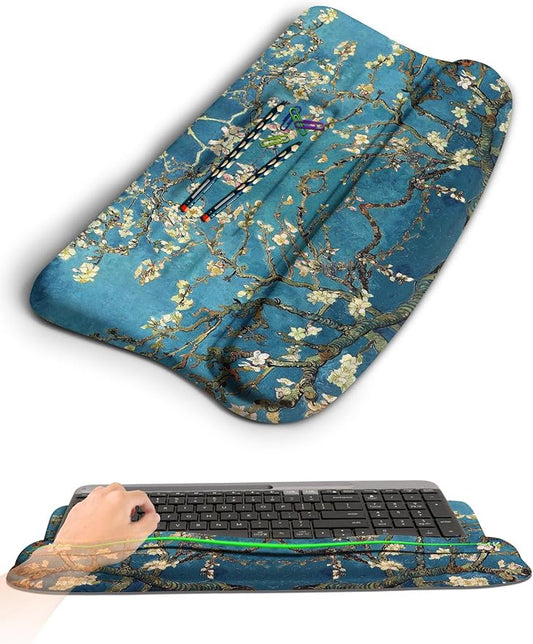 KUOSGM Ergonomic Wave Wrist Rest with Keyboard Stand, Cushioned Palm Rest, Comfortable Integrated Memory Foam for Natural Typing and Relieve Wrist Pain, Van Gogh Apricot Blossom