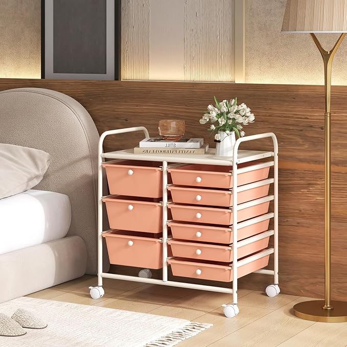 LDAILY 9 Drawer Rolling Storage Cart, Rolling Cart with Drawers for Classroom, Art Supply Craft Organizer on Wheel with Metal Frame & Handles for Home Office School