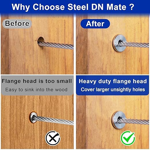 Steel DN Mate 100 Pack Stainless Steel Protector Sleeves for 1/8" Wire Rope, Cable Railing Hardware for Deck/Cable Railing System, T316 Marine Grade, Cable Sleeves Come with a Drill Bit DE100