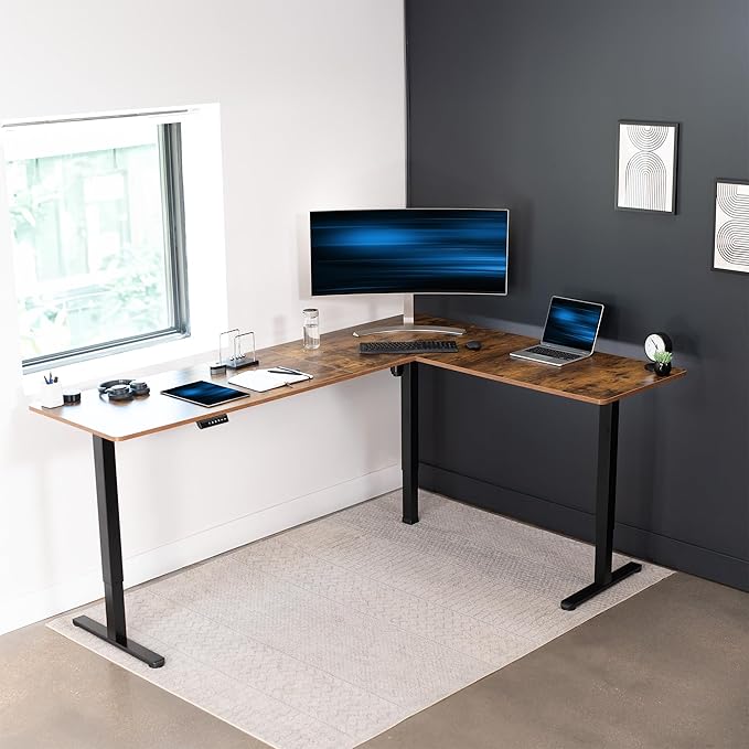 VIVO Electric Corner 84 x 63 inch L-Shaped Standing Desk, Memory Height Adjustment, Rustic Vintage Brown Top Black Frame, DESK-E3CTBN-84