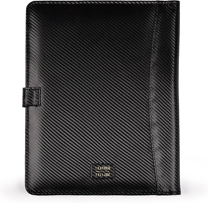 LEATHER VILLAGE Portfolio Professional Organizer– Carbon Fiber Genuine Leather Padfolio Resume Folder for A4 Letter Pad with Pen Holder, Business Card Slots – Ideal for Men & Women- Black Orange