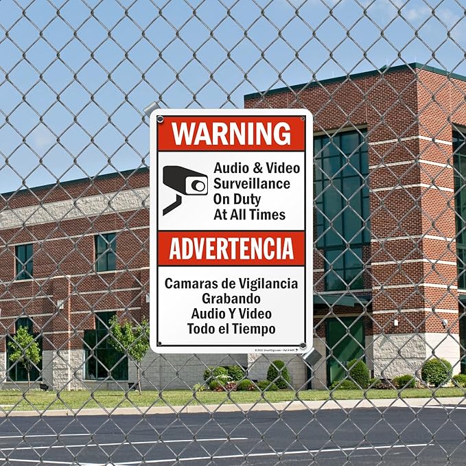 SmartSign 18 x 12 inch “Warning - Audio & Video Surveillance On Duty At All Times” Bilingual Sign, Digitally Printed, 55 mil HDPE Plastic, Red, Black and White, Made in USA