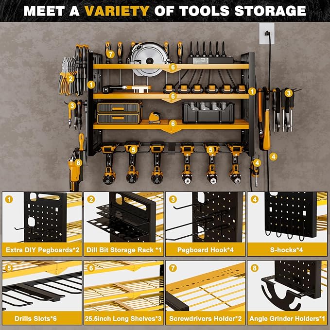 NattyDot Power Tool Organizer Wall Mount with Charging Station 4 Layer 6 Slot Cordless Drill Holder with Angle Grinder Holder (Yellow)