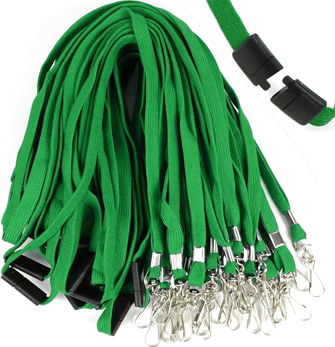 Ollain 25 Pack Breakaway Lanyard with J-Hook Bulk Flat Lanyards for Name tag ID Badges (Green, Breakaway 25 Pack)