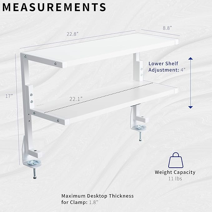 VIVO Clamp-on 24 inch Above or Below Desk 2-Tier Shelving Unit for Table Accessories, Gaming Devices, and More, Storage Tray, Desktop Organizer, White, STAND-SHELF24C-W