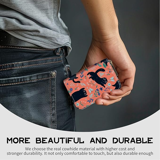 BWEGRHE Cute Credit Card Holder with Zipper, Black Cat Flowers RFID-Blocking Card Case Small Wallet for Women Men, Multi-slot Card Organizer Case Travel Accordion Wallet